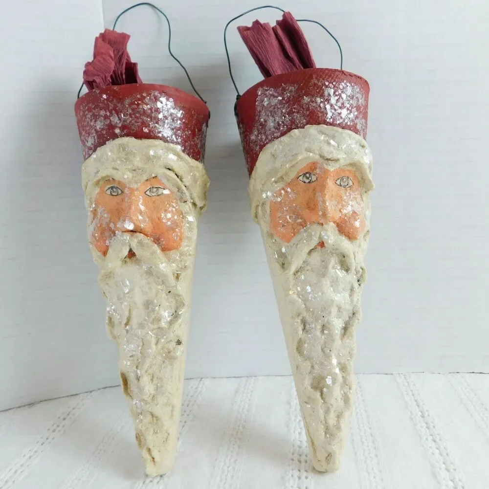 Christmas Ornaments Santa Plaster Handmade Sugared Lot of 2, Red Cones Vintage